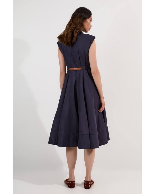 Karen Millen Blue Tailored Cotton Belted Collared Full Midi Dress
