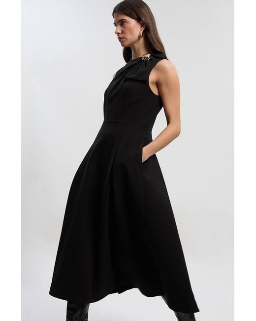 Karen Millen Black Compact Stretch Bow Tie Neck Trim Detail Tailored Full Midi Dress