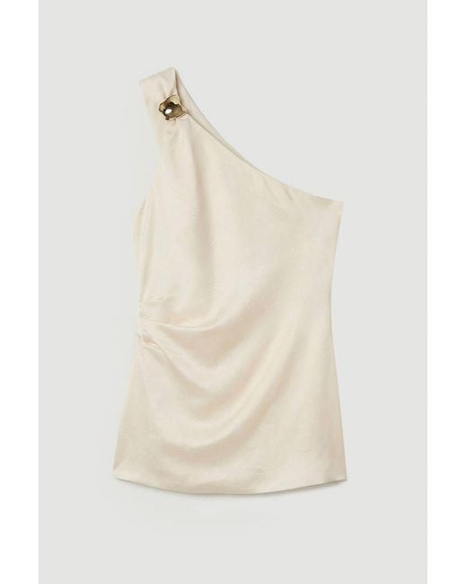 Karen Millen Natural Petite Hammered Satin One Shoulder Woven Top