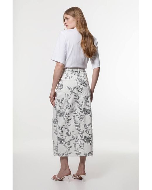 Karen Millen White Denim All Over Floral Sequin Skirt