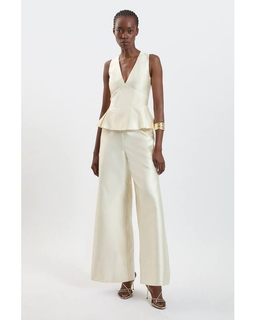 Karen Millen White Satin Twill Peplum Wide Leg Jumpsuit