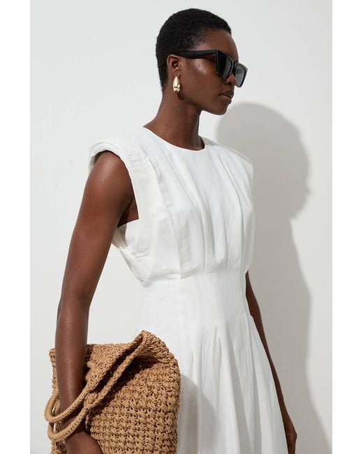 Karen Millen White Viscose Linen Woven Pintuck Midi Dress
