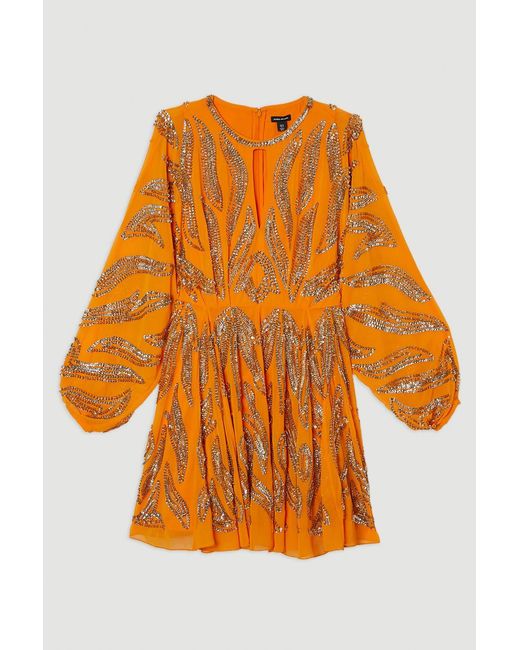 Karen Millen Orange Kimono Sleeve Embellished Mini Dress