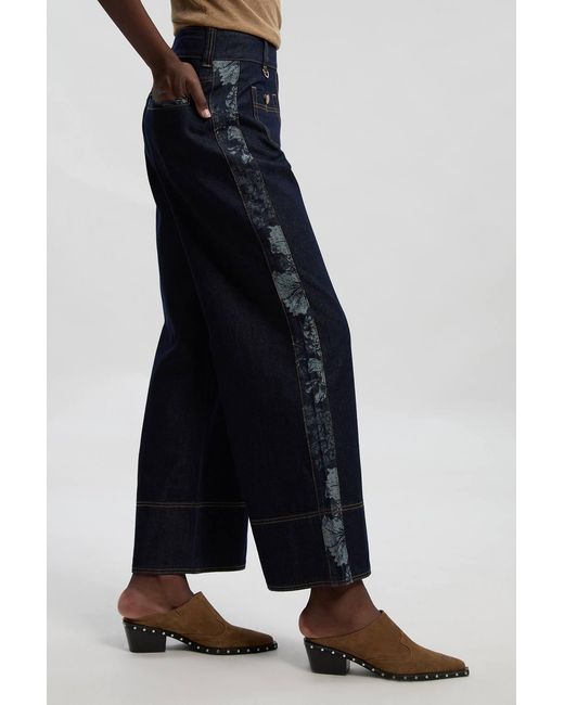 Karen Millen Black Denim & Jacquard Contrast Wide Leg Jeans