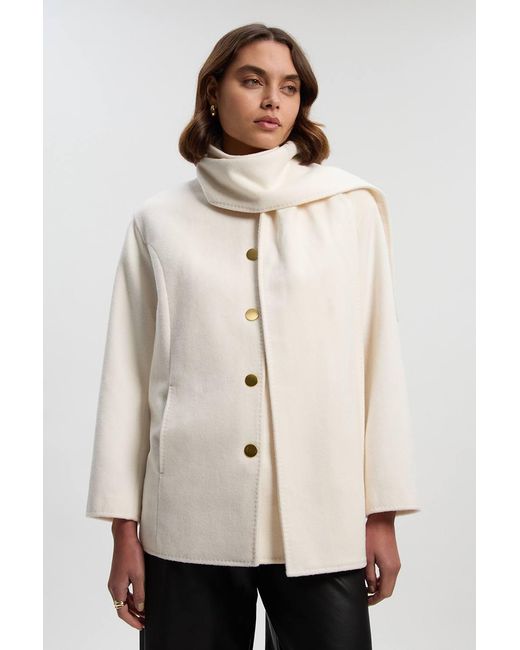 Karen Millen Natural Brushed Wool Detachable Scarf Tailored Short Coat