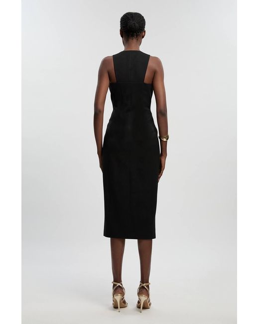 Karen Millen Black Textured Compact Stretch V Neck Button Detail Midi Dress