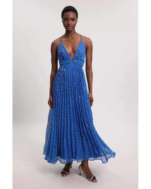 Karen Millen Blue Beaded Embellished Full Maxi Dress