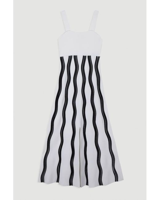 Karen Millen White Contrast Wave Knit A-Line Knitted Strappy Dress