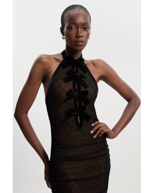 Karen Millen Black Mesh With Velvet Bow Trim Detail Halter Neck Midi Dress