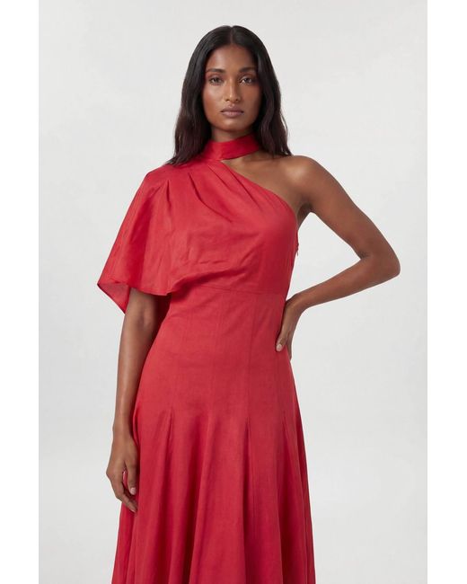 Karen Millen Premium Tailored Linen High Neck One Shoulder Full Midi Dress