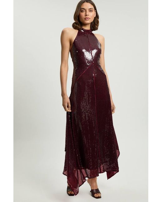 Karen Millen Red Petite Sequin Halter Neck Hanky Hem Maxi Dress
