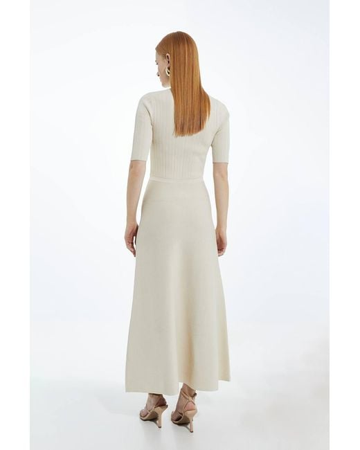 Karen Millen White Forever Rib Knit Military Trim Maxi Dress