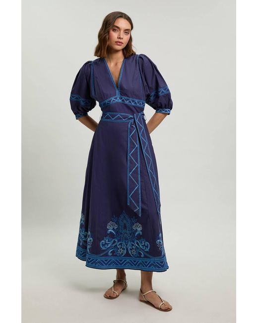 Karen Millen Blue Embroidered Detail Belted Midi Dress