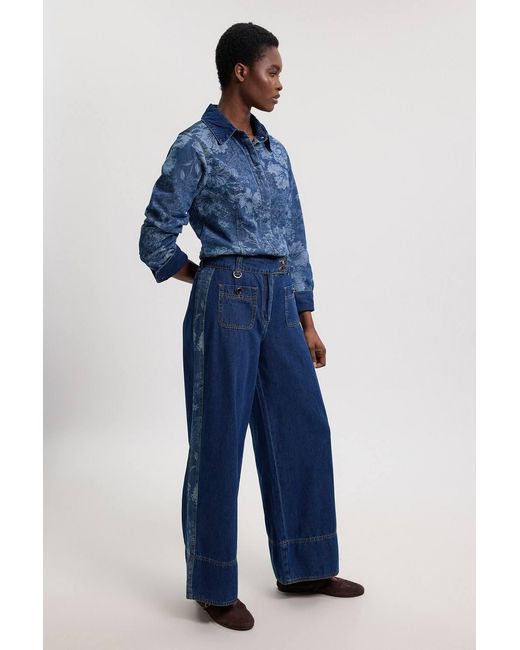Karen Millen Blue Denim & Jacquard Contrast Wide Leg Jeans