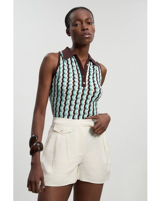 Karen Millen Natural Knit Contrast Collar Pointelle Sleeveless Midi Top