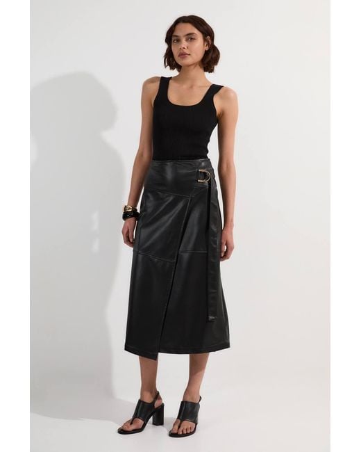 Karen Millen Black Faux Leather Tie Detail Wrap Midi Skirt
