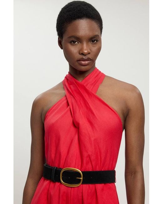 Karen Millen Red Petite Viscose Linen Belted Halterneck Woven Jumpsuit