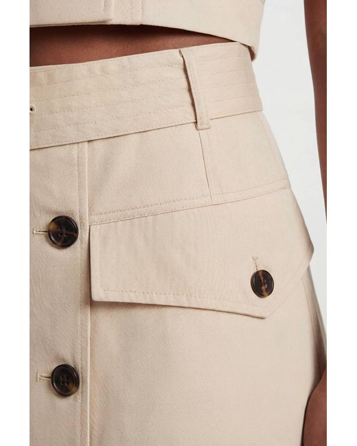 Karen Millen Natural Tailored Cotton Trench Button Front Pleated Skirt