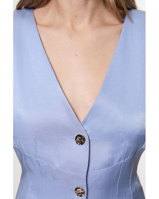 Karen Millen Blue Premium Viscose Linen Tailored Ruffle Pencil Midi Dress