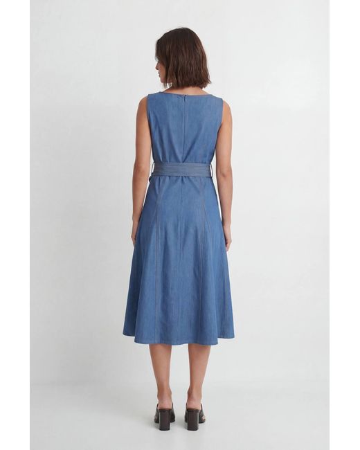 Karen Millen Blue Denim Belted Full Skirt Tailored Dress