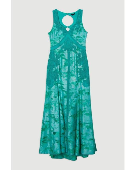 Karen Millen Green Burnout Embellished And Beaded Open Back Woven Maxi Dress