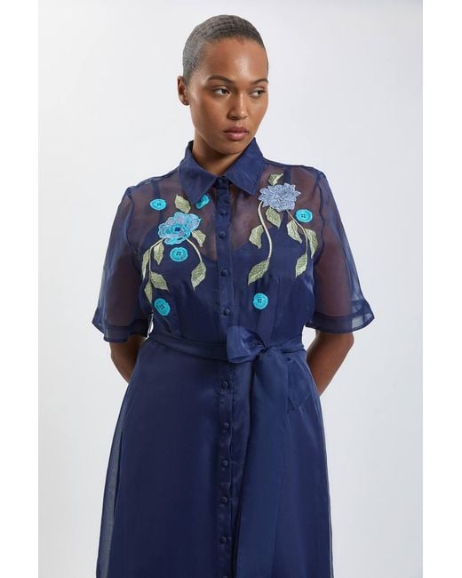 Karen Millen Blue Plus Size Embellished Detail Organdie Belted Shirt Dress