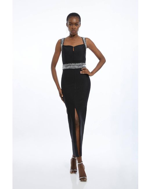 Karen Millen Black Bandage Figure Form Knit Embellished Maxi Dress