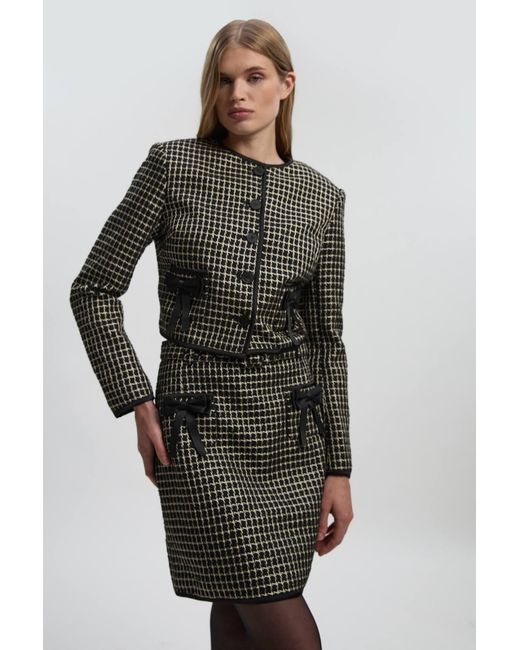 Karen Millen Black Tall Tailored Tweed Bow Detail Collarless Jacket