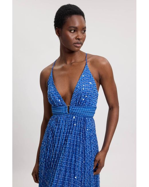 Karen Millen Blue Beaded Embellished Full Maxi Dress
