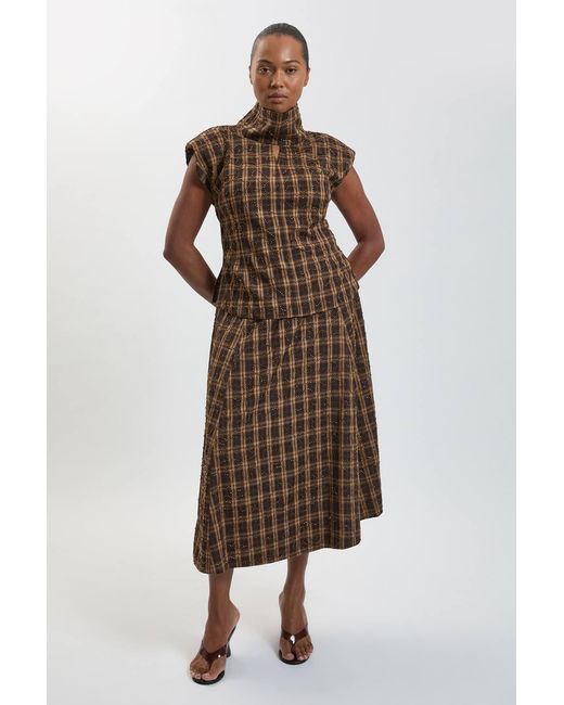 Karen Millen Brown Plus Size Beaded Check Print Midi Skirt