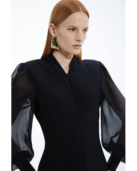 Karen Millen Black Bandage Figure Form Zip Detail Chiffon Sleeve Knit Dress
