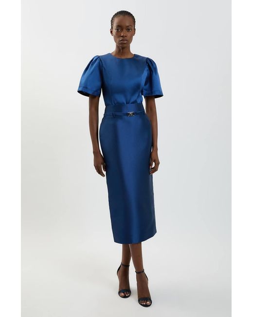 Karen Millen Blue Satin Twill Puff Sleeve Top