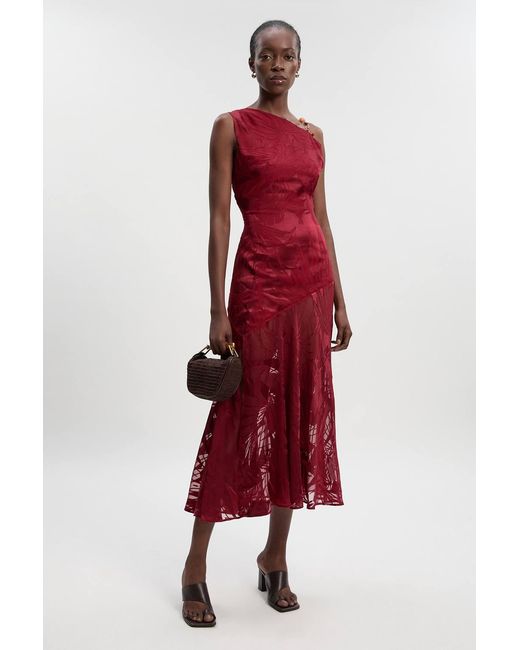 Karen Millen Red Petite Devoure One Shoulder Woven Maxi Dress With Trim Detail