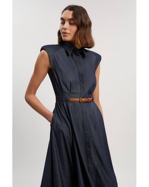 Karen Millen Blue Denim Tailored Belted Collared Full Midi Dress