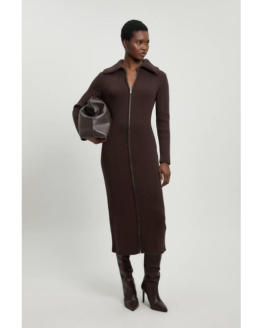 Karen Millen Brown Cotton Zip Through Collar Knitted Midi Dress