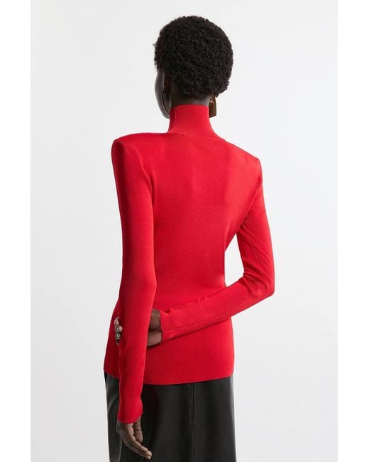 Karen Millen Red Slinky Drape Knit Power Shoulder Funnel Neck Top