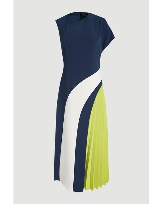 Karen Millen Blue Petite Soft Tailored Colour Block High Neck Pleated Midi Dress