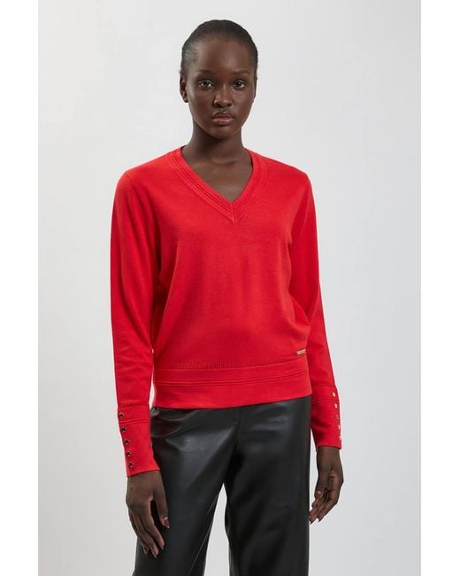 Karen Millen Red Forever Viscose Blend Knitted Stitch Detail V Neck Long Sleeve Jumper