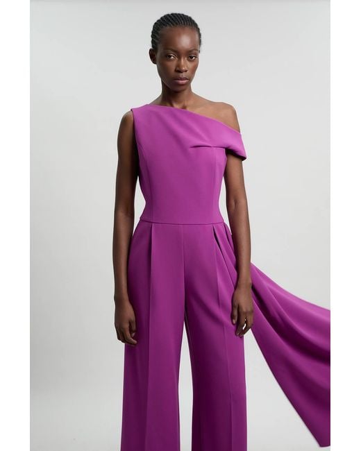 Karen Millen Purple Compact Stretch Asymmetric Neck Wide Leg Jumpsuit