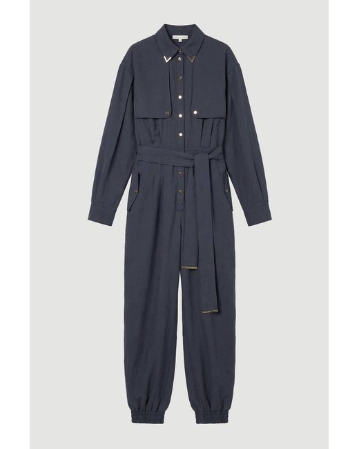 Karen Millen Blue Petite Cupro Utility Twill Woven Jumpsuit