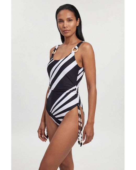 Karen Millen Multicolor Stripe Print With Bead Detail Low Back Swimsuit