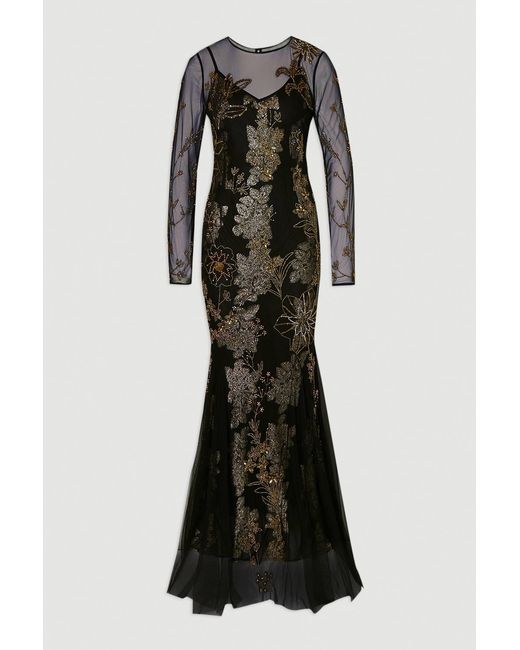 Karen Millen Black Petite Floral Applique Embellished Metallic Georgette Woven Maxi Dress