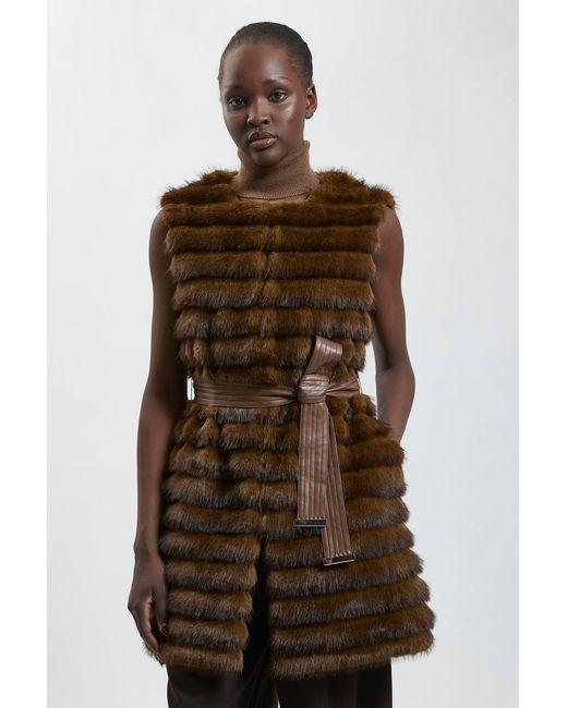 Karen Millen Brown Tipped Faux Fur Panelled Belted Gilet