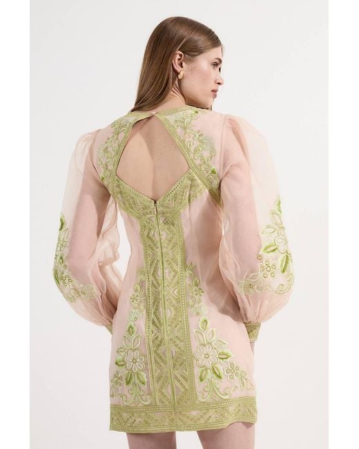 Karen Millen Natural Embroidered Organdie Balloon Woven Mini Dress
