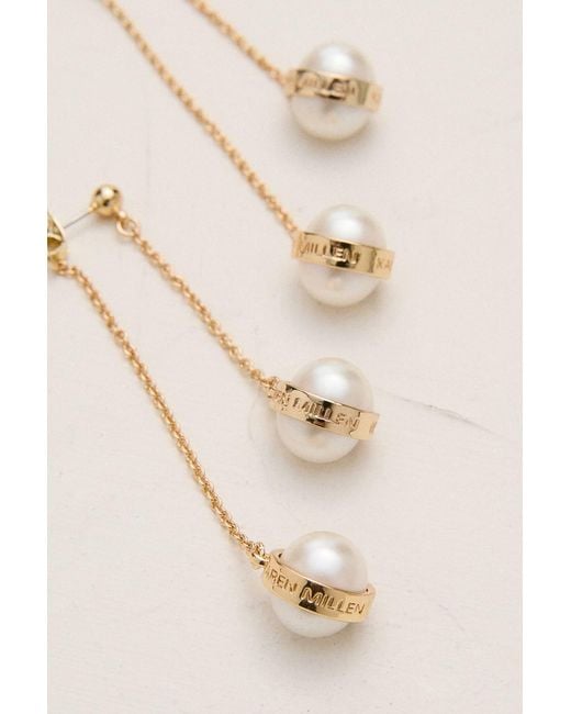 Karen Millen Brown 14K Plated Logo Pearl Double Drop Earrings