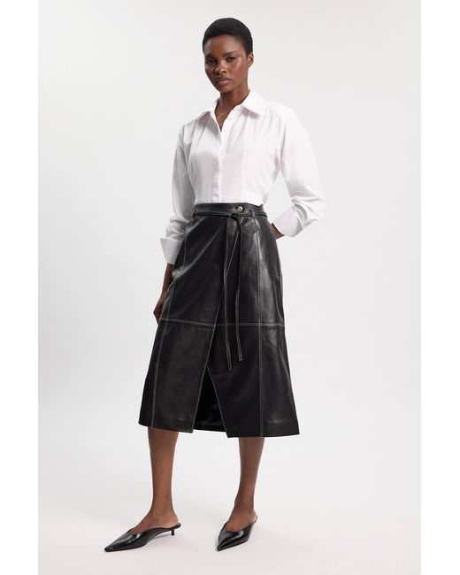 Karen Millen White Leather Tie Up Belted Midi Skirt