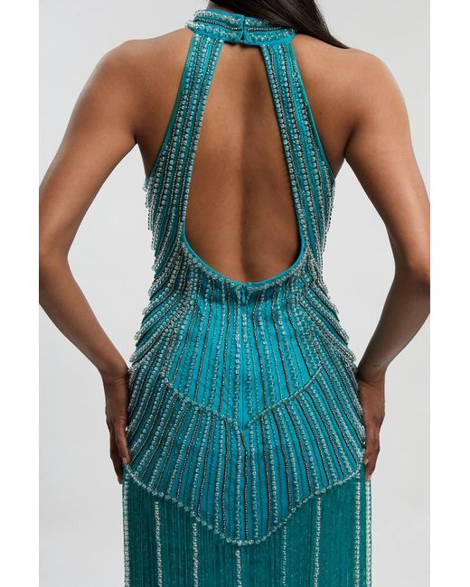 Karen Millen Blue Crystal Embellished Fringed Woven Midi Dress