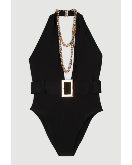 Karen Millen Black Hardware Detail Belted Plunge Swimsuit