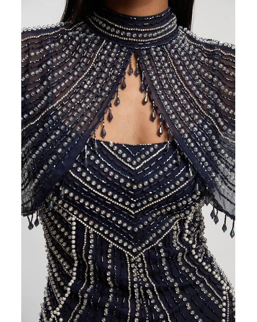 Karen Millen Black Crystal Embellished Woven Maxi Dress With Removable Cape