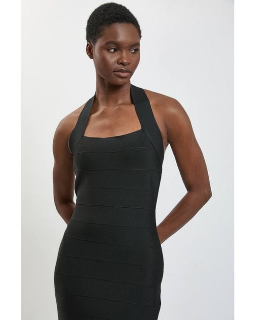 Karen Millen Black Figure Form Bandage Fringe Knit Halter Neck Midi Dress
